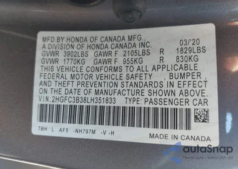 2020 Honda Civic Ex z USA, uszkodzony, nr VIN 2HGFC3B38LH351833